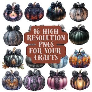 Gothic Halloween Pumpkin Clipart – 16 Elegant PNGs | Romantic Spooky Fall Graphics for Crafts & Design