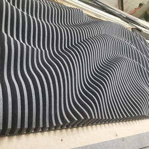 Könnte beinhalten: Akustik-Wandpaneel mit wellenförmigem Design. Das Paneel weist vertikale, wellenförmige Streifen in Grau- und Schwarztönen auf, die einen strukturierten, dreidimensionalen Effekt erzeugen. Das Design eignet sich zur Schalldämpfung und für dekorative Zwecke.