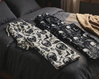 Gothic Totenkopf Flanell Pyjama Hose | Dunkelblau/beige Lounge Wear