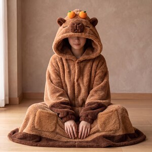 May include: A brown plush hooded onesie featuring a capybara face on the hood with two small orange fruit accents on top. The garment is made of soft, fuzzy material with long sleeves, a front opening, and two large square pockets on the front.