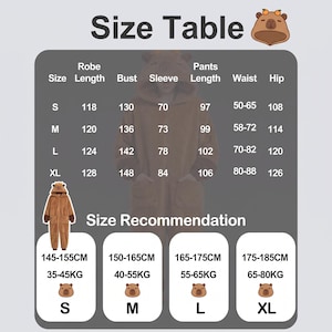 May include: A size chart for a brown capybara-themed hooded jumpsuit. The table lists measurements in centimetres for sizes S, M, L, and XL, including robe length, bust, sleeve, pants length, waist, and hip. It also provides height and weight recommendations.