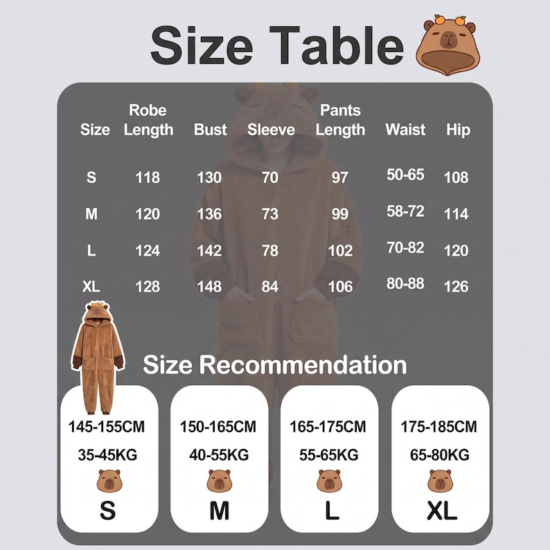 May include: A size chart for a brown capybara-themed hooded jumpsuit. The table lists measurements in centimetres for sizes S, M, L, and XL, including robe length, bust, sleeve, pants length, waist, and hip. It also provides height and weight recommendations.