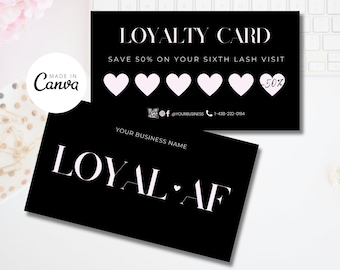 May include: Black and white loyalty card with pink hearts. The card says "LOYALTY CARD" and "SAVE 50% ON YOUR SIXTH LASH VISIT". The card also has a social media icon and phone number. The bottom of the card says "YOUR BUSINESS NAME".