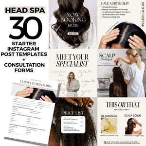 May include: Promotional image for a head spa, with Instagram post templates and consultation forms. The image includes text about booking appointments for autumn 2026, scalp analysis, and treatment options like oil massage and scalp scrub.