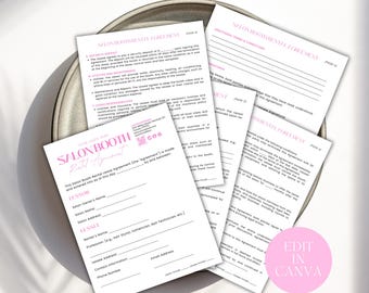 Modèle de contrat de location de stand de salon Canva modifiable - contrat de location professionnel - bureau de styliste, chaise de spa, salle de salon, formulaires de salon