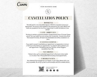 Modèle modifiable de politique de réservation en cas d'annulation de salon, brochure sur la politique capillaire, politiques d'annulation du spa Med et du salon, formulaire de téléchargement Canva