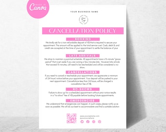 Modèle modifiable de politique d'annulation de salon, design rose (toile, téléchargement numérique) pour les artistes cils, les esthéticiennes, les spécialistes de la peau et plus encore