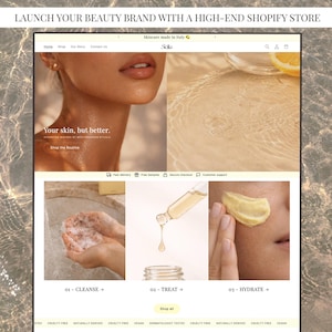 Könnte beinhalten: Ein Website-Mockup für eine Hautpflegemarke mit Bildern von Produkten und Anwendungsschritten. Die Seite enthält den Text "Your skin, but better" und "Shop the Routine". Die Website enthält auch den Text "LAUNCH YOUR BEAUTY BRAND WITH A HIGH-END SHOPIFY STORE."