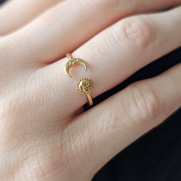 Adjustable Sun & Moon Ring Gold Ring, Sterling Silver Ring, Sun Ring, Moon Ring, gift for her, trendy jewelry, Dainty Ring, Minimalist Ring