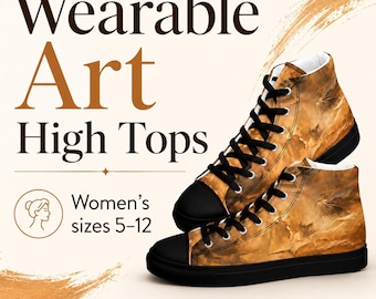 Bronze Abstract Women’s High Top Canvas Shoes, Black Sole Art Sneakers
