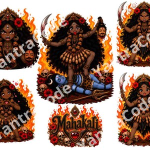 May include: A collection of digital illustrations featuring the deity Mahakali with dark skin, long black hair, and red flowers, depicted with swords, severed heads, and flames. The set includes a central image of Mahakali standing on Shiva.