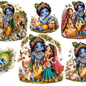 Peut inclure: Une collection d'illustrations représentant la divinité Krishna à la peau bleue jouant de la flûte, accompagnée de vaches, de veaux et de personnages féminins en tenue traditionnelle, avec une plume de paon aux accents floraux.