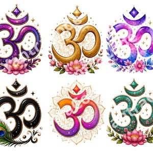 May include: Six distinct Om symbols arranged in two rows. The designs feature varied color palettes including purple, gold, watercolor, black, orange-pink, and teal. Each symbol is decorated with elements like lotus flowers, stars, and a peacock feather.