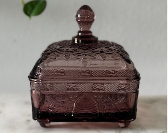 Indiana Glass Plum Bee Box Covered Honey Jar Vintage MINT