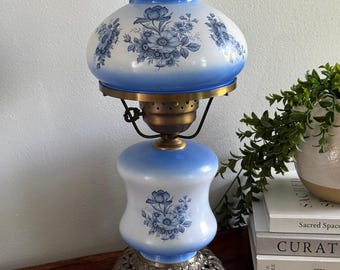 Vintage Blue White Hurricane Table Lamp Milk Glass Floral Accent Lamp
