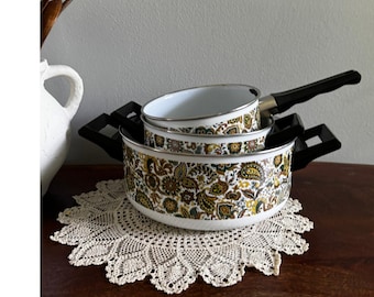 Vintage 1970s FancyPans Enamel Cookware Set, 3 Saucepans with Lids, Retro Paisley Floral Kitchen Decor