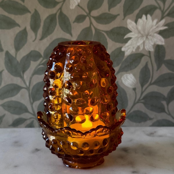 Fenton Amber Hobnail Fairy Lamp Vintage Art Glass Candle Holder