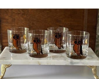 Couroc Owl Rocks Glasses Set of 4 Gold Barware Mid Century Vintage