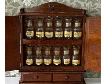 Vintage Wooden Wall Spice Cabinet 12 Glass Jars Rooster Kitchen Shelf