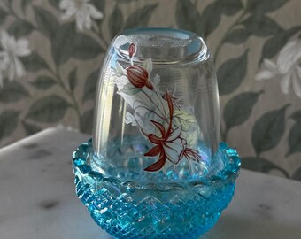 Mosser Aqua Blue Glass Fairy Lamp Floral Chimney Candle Holder