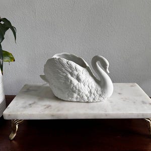 May include: A white ceramic swan-shaped planter or decorative bowl featuring detailed molded feather textures across its body, a curved neck, and a hollow center, presented as a singular sculptural piece.
