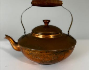 Vintage Copper Tea Kettle | Brass Handle Wooden Grip | Farmhouse Cottage Kitchen Decor