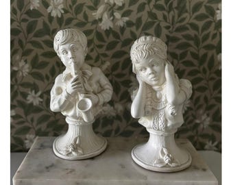 Vintage J Menduck Boy & Girl Busts Universal Statuary Chalkware Pair White