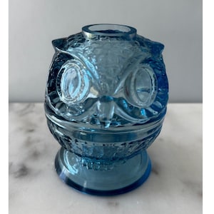 May include: A blue glass owl-shaped container with a textured surface. The container has a round base and a lid with a circular opening. The owl's eyes and facial features are clearly defined, giving it a detailed appearance.