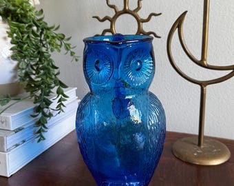 Vintage Cobalt Blue Kanawha Glass Owl Pitcher Mid Century
