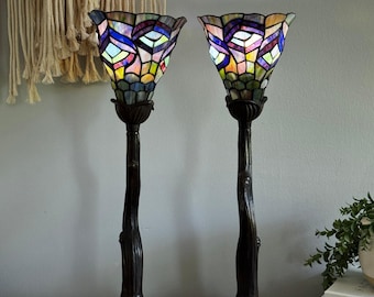 Pair Tiffany Style Tree Branch Stained Glass Table Lamps Art Nouveau