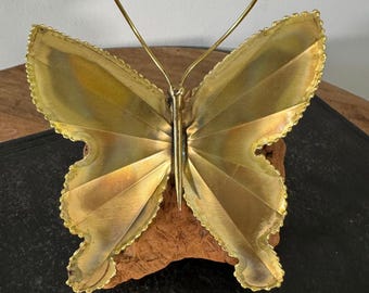 Vintage The Metal Man Brass Butterfly Sculpture on Burl Wood Base – Signed Tag
