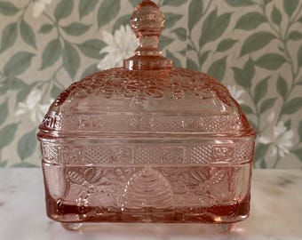 Indiana Glass Peach/Pink Bee Box MINT