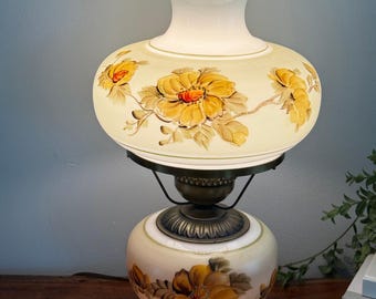 Vintage Gone With the Wind Floral Milk Glass Hurricane Table Lamp