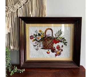 Vintage Framed Crewel Embroidery Harvest Basket Floral Wall Art Woodland Decor