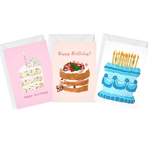 Lot de 3 cartes d'anniversaire, cartes de gâteau d'anniversaire, cartes de joyeux anniversaire colorées