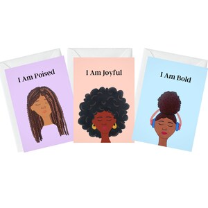 Conjunto de 3 cartas de incentivo de afirmação, cartas mágicas de garota negra, estou alegre, equilibrada, ousada,