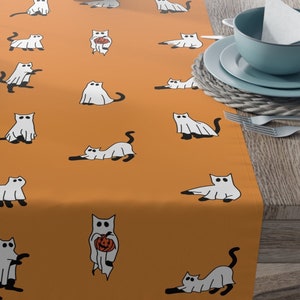Halloween Decor Table Runner Ghost Cat Lover Gift, Ghost Cat Table Runner, Halloween Decoration Indoor, Halloween Black Cat, Cat Mom Gift