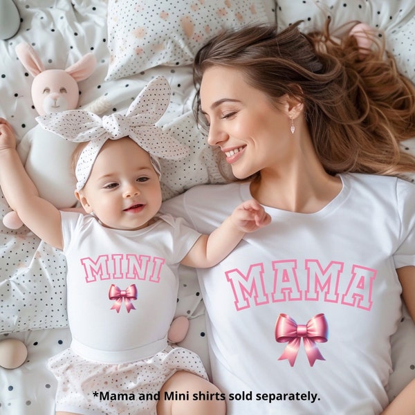 Coquette Bow Mama Mini Matching Shirts Bodysuit Gift for Mother's Day, Mommy and Me BabyShower Gift for New Mom, College Lettering, Twinning