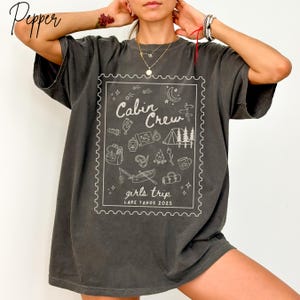 Custom Girls Trip Cabin Crew Tshirt Camping Shirt Gift for Outdoor Lover, Doodle Line Art Comfort Colors Personalized Friends Glamping Group Matching Tee, Plus Sizes