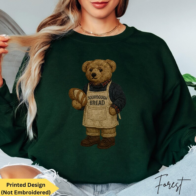 Bear Sweatshirt for Sourdough Bread Maker, Vintage-Inspired Nostalgic Women's Bear Sweaters, Cozy and Charming Sourdough Lover Shirt Baker Gift, Trendy 1990s Preppy Classy Bear Crewneck for Youth