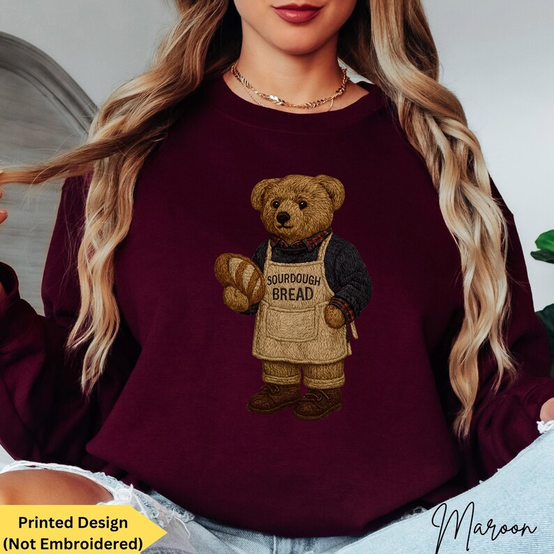 Bear Sweatshirt for Sourdough Bread Maker, Vintage-Inspired Nostalgic Women's Bear Sweaters, Cozy and Charming Sourdough Lover Shirt Baker Gift, Trendy 1990s Preppy Classy Bear Crewneck for Youth