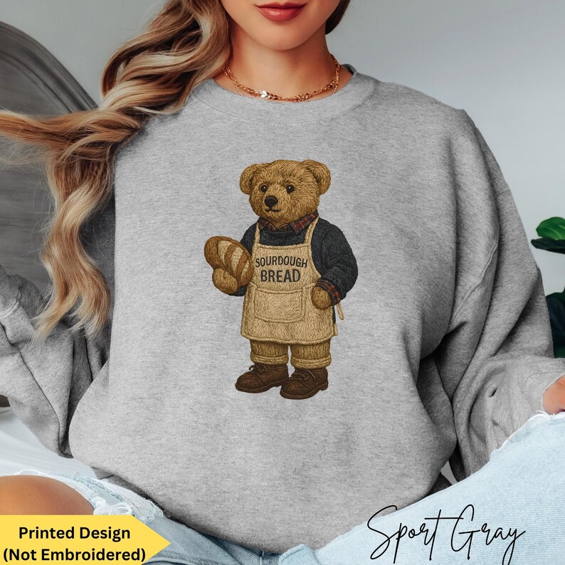 Bear Sweatshirt for Sourdough Bread Maker, Vintage-Inspired Nostalgic Women's Bear Sweaters, Cozy and Charming Sourdough Lover Shirt Baker Gift, Trendy 1990s Preppy Classy Bear Crewneck for Youth