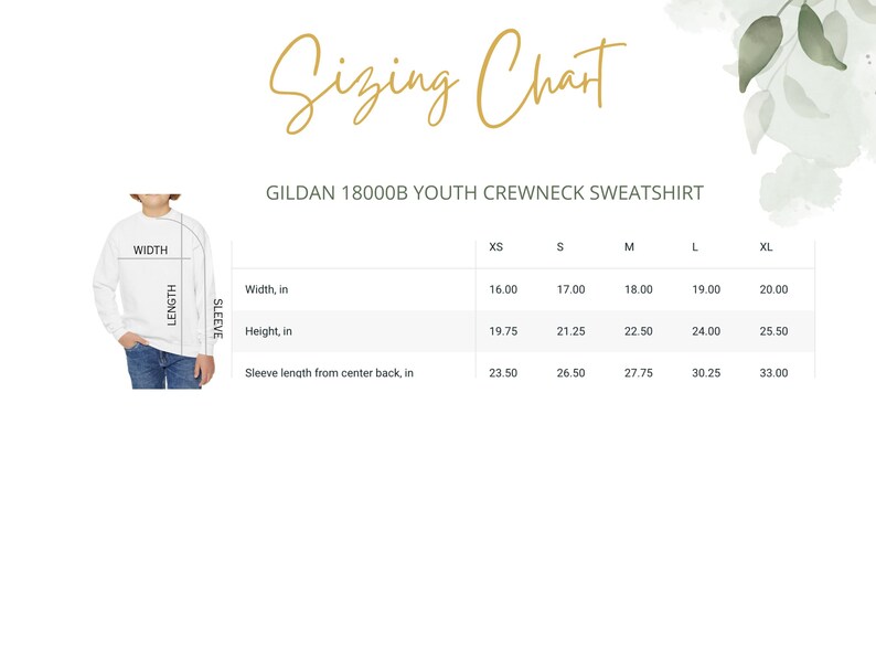 May include: A sizing chart for a Gildan 18000B youth crewneck sweatshirt. The chart shows measurements in inches for width, height, and sleeve length for sizes XS to XL. A white sweatshirt is shown on a child.