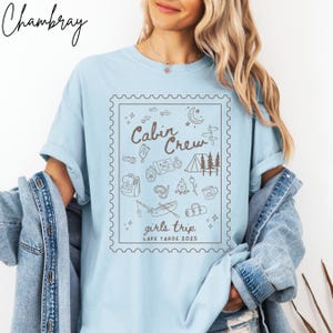 Custom Girls Trip Cabin Crew Tshirt Camping Shirt Gift for Outdoor Lover, Doodle Line Art Comfort Colors Personalized Friends Glamping Group Matching Tee, Plus Sizes