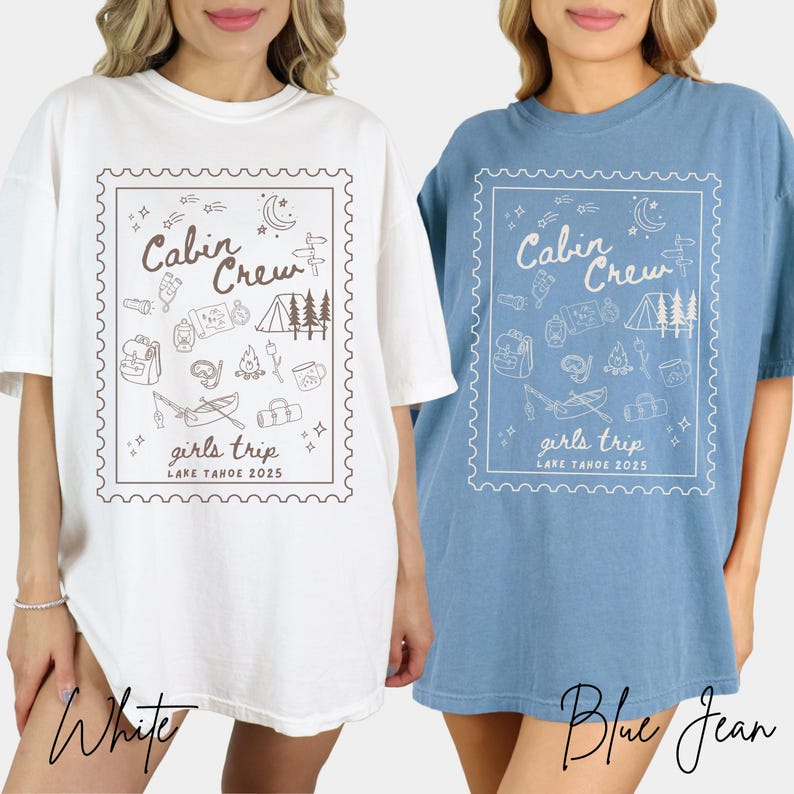 Custom Girls Trip Cabin Crew Tshirt Camping Shirt Gift for Outdoor Lover, Doodle Line Art Comfort Colors Personalized Friends Glamping Group Matching Tee, Plus Sizes