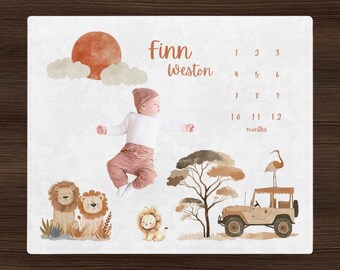 Personalized Safari Milestone Blanket Boy Monthly Photo Blanket, Custom Name Baby Lion Blanket Newborn Nursery,Personalized Baby Shower Gift