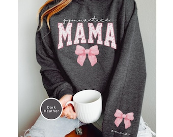 Personalized Gymnastics Mom Shirt Mother's Day Gift, Floral Lettering Coquette Bow Gymnastics Mama Sweatshirt, Custom Name On Sleeve Sweater