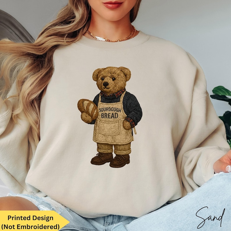 Bear Sweatshirt for Sourdough Bread Maker, Vintage-Inspired Nostalgic Women's Bear Sweaters, Cozy and Charming Sourdough Lover Shirt Baker Gift, Trendy 1990s Preppy Classy Bear Crewneck for Youth