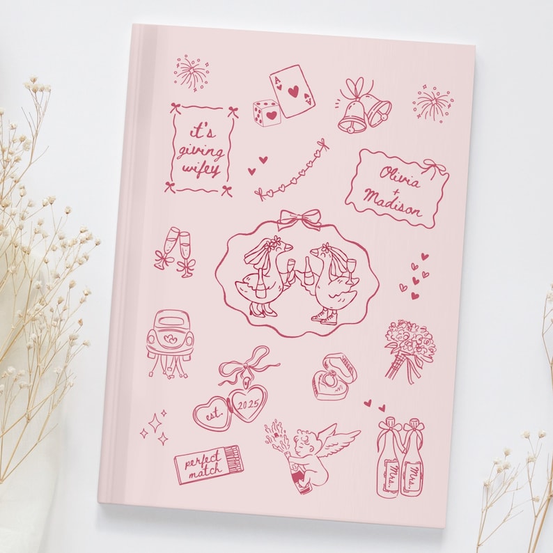 Personalized LGBTQ engagement gift wedding planning journal with a matte hardcover. Perfect for keeping track of all your wedding plans and ideas. Ideal gift for brides-to-be. Relevant for weddings, engagements, proposal parties and bridal showers gift for lesbian couples. Future Mrs. & Mrs. gift.