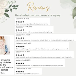 May include: A collage of customer reviews for a sweatshirt with a floral design. The reviews highlight the quality, comfort, and fast shipping of the product. The text includes five-star ratings and positive comments about the sweatshirt.